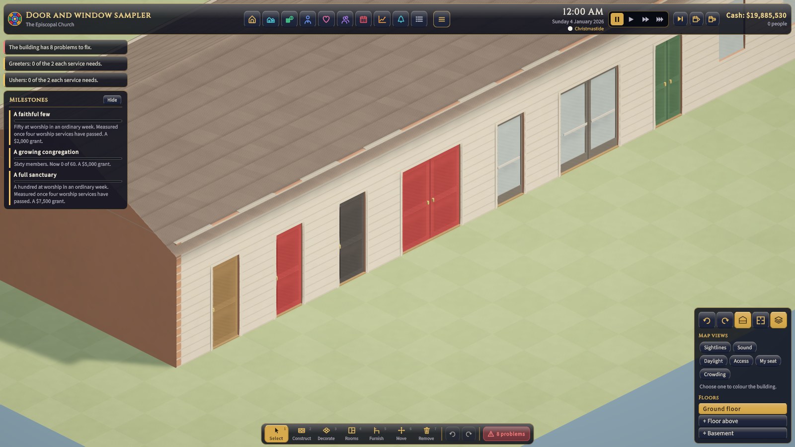 Wooden doors as made, in red and in black, and a pair of red double doors meeting in the middle.