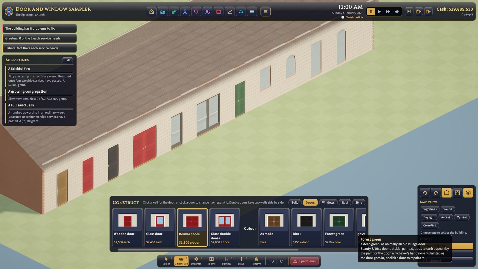 Construct → Doors: the four doors, and below them the colours, each card showing the chosen door in that colour.