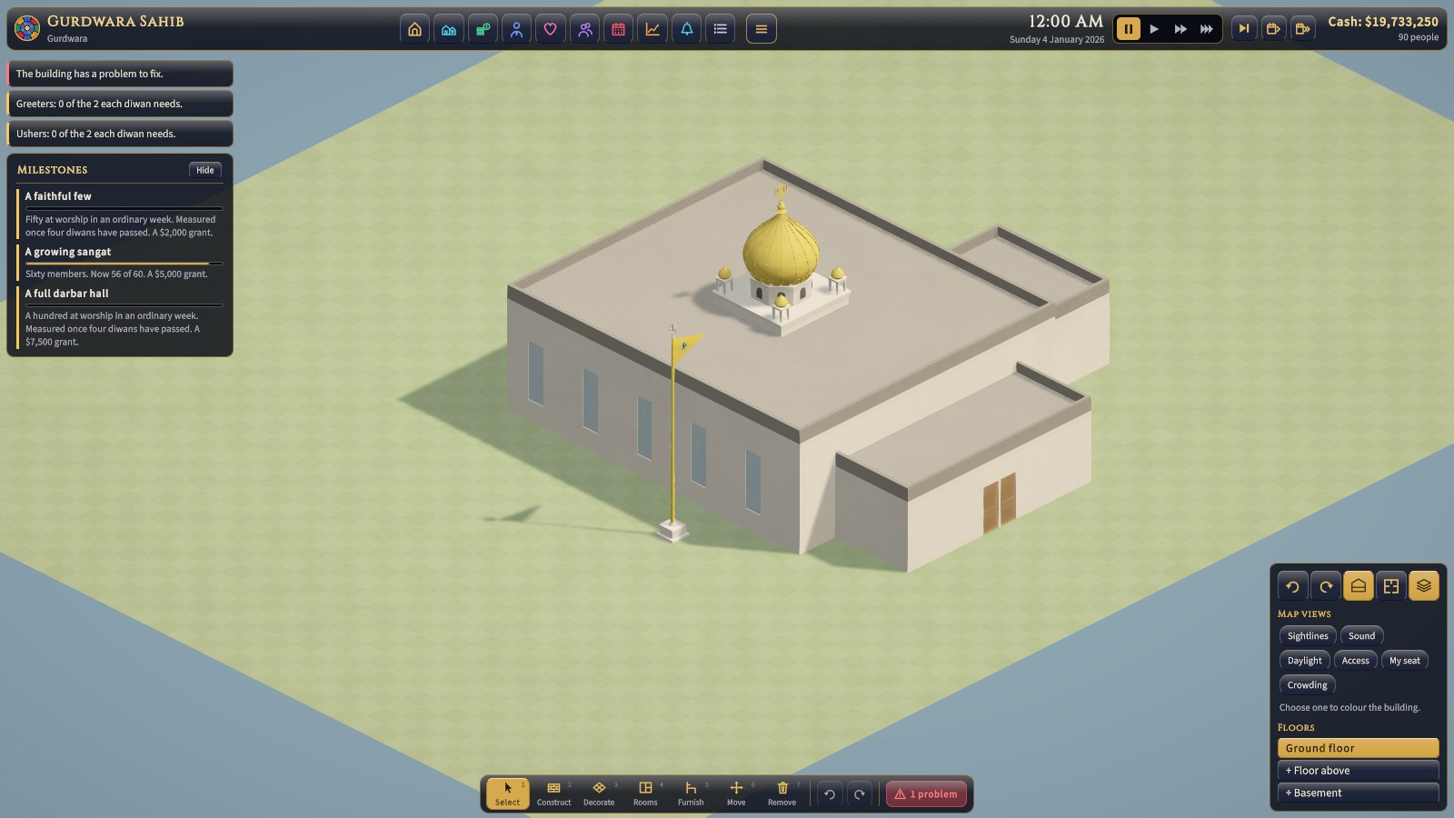 A gurdwara in white, under its gilded dome, with the Nishan Sahib before the door.