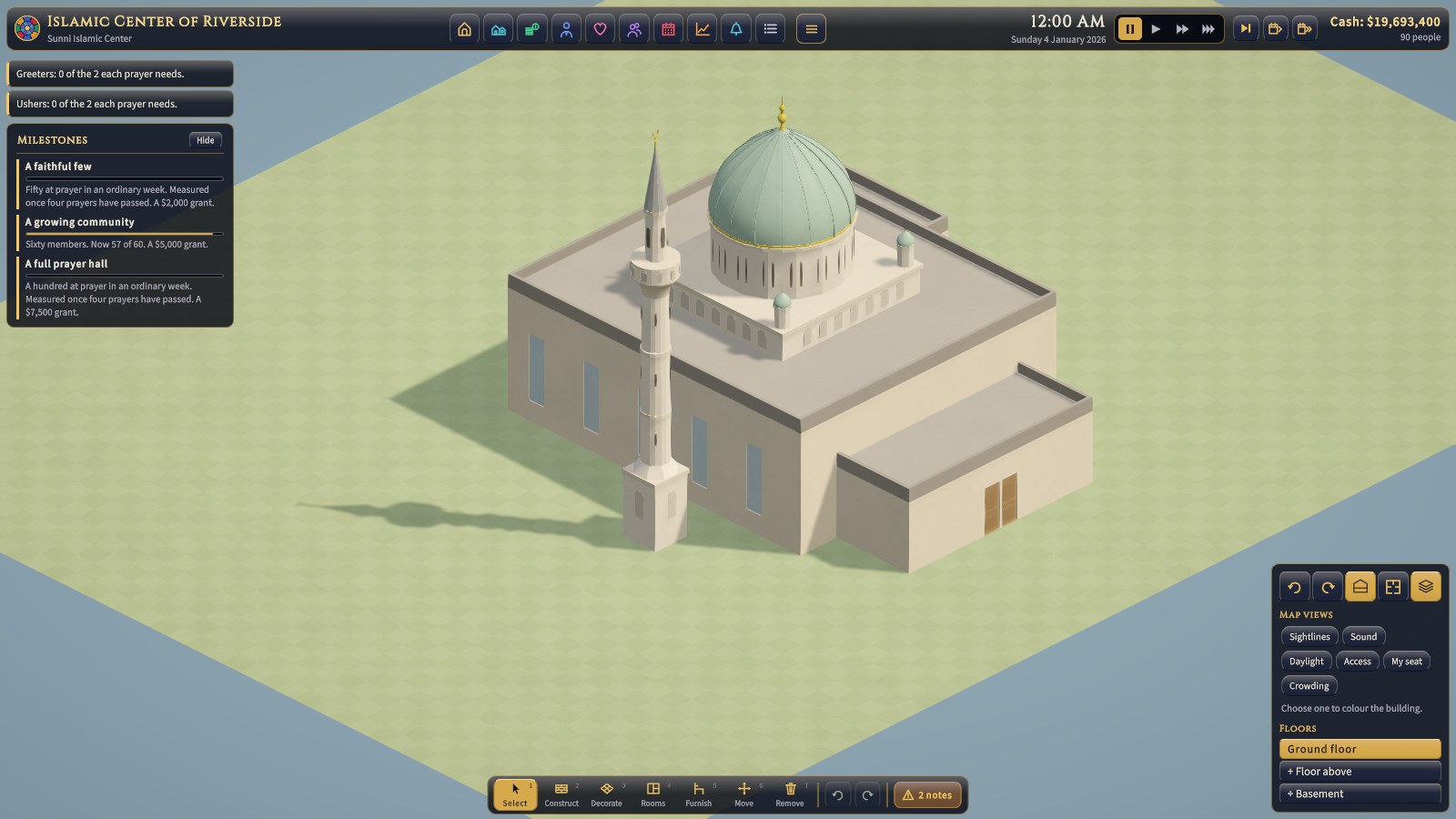 An Islamic center from outside, with its dome and minaret.