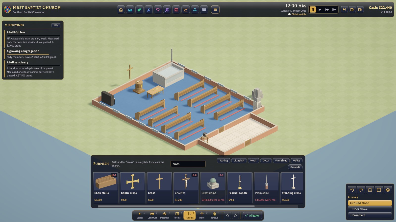The Find box: "cross" finds the crosses, crucifixes, and anything else that mentions one, from every tab.