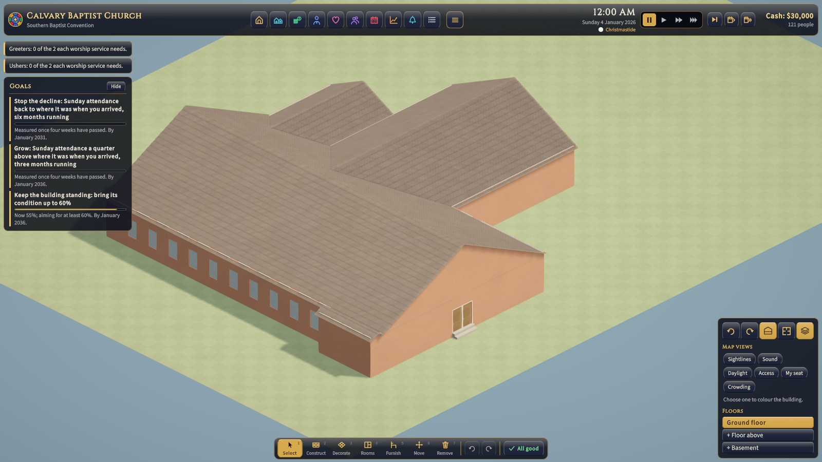 Calvary Baptist in the dying-congregation scenario: a 1958 building with every system at 55% and no maintenance budget at all.