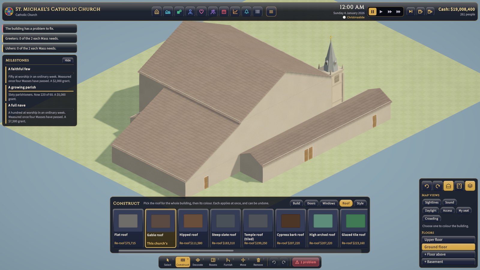 Construct → Roof: the kinds of roof, each with what re-roofing costs, then the colour, one over every part of the roof.
