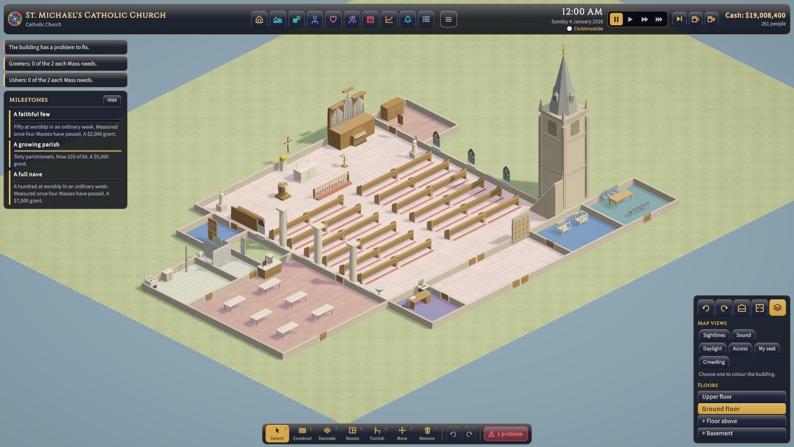With Rooms chosen, the building's rooms are tinted by type, so you can see at a glance what's what.