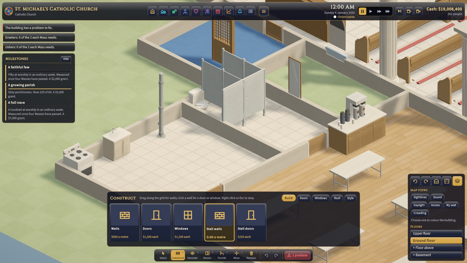 Construct → Build: Stall walls and Stall doors sit beside Walls, Doors and Windows.