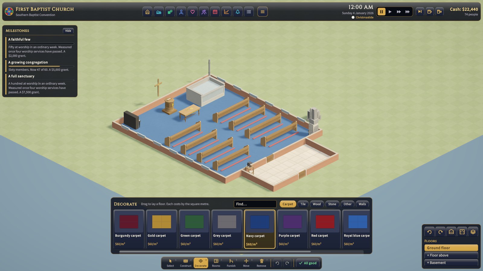 The Floors tray, with a tab for each kind of floor (carpet, tile, wood, stone), each card showing the floor as it's laid and its price per square metre, and No floor to take one up.