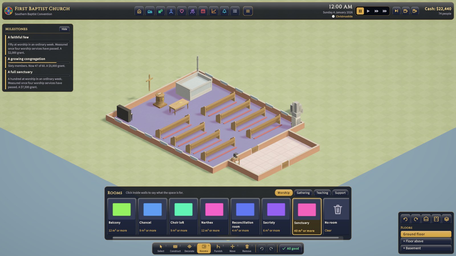 The Rooms tray has a tab for each kind of room, and a card for each room type with its minimum size. The rooms are washed in their colours over the church.
