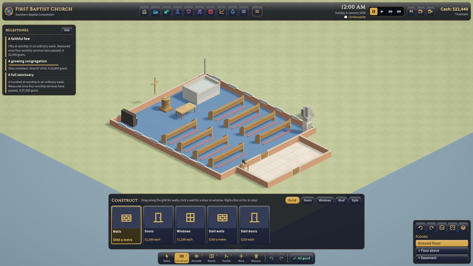 The Walls tool. Walls run along the grid lines between tiles, a metre at a time.