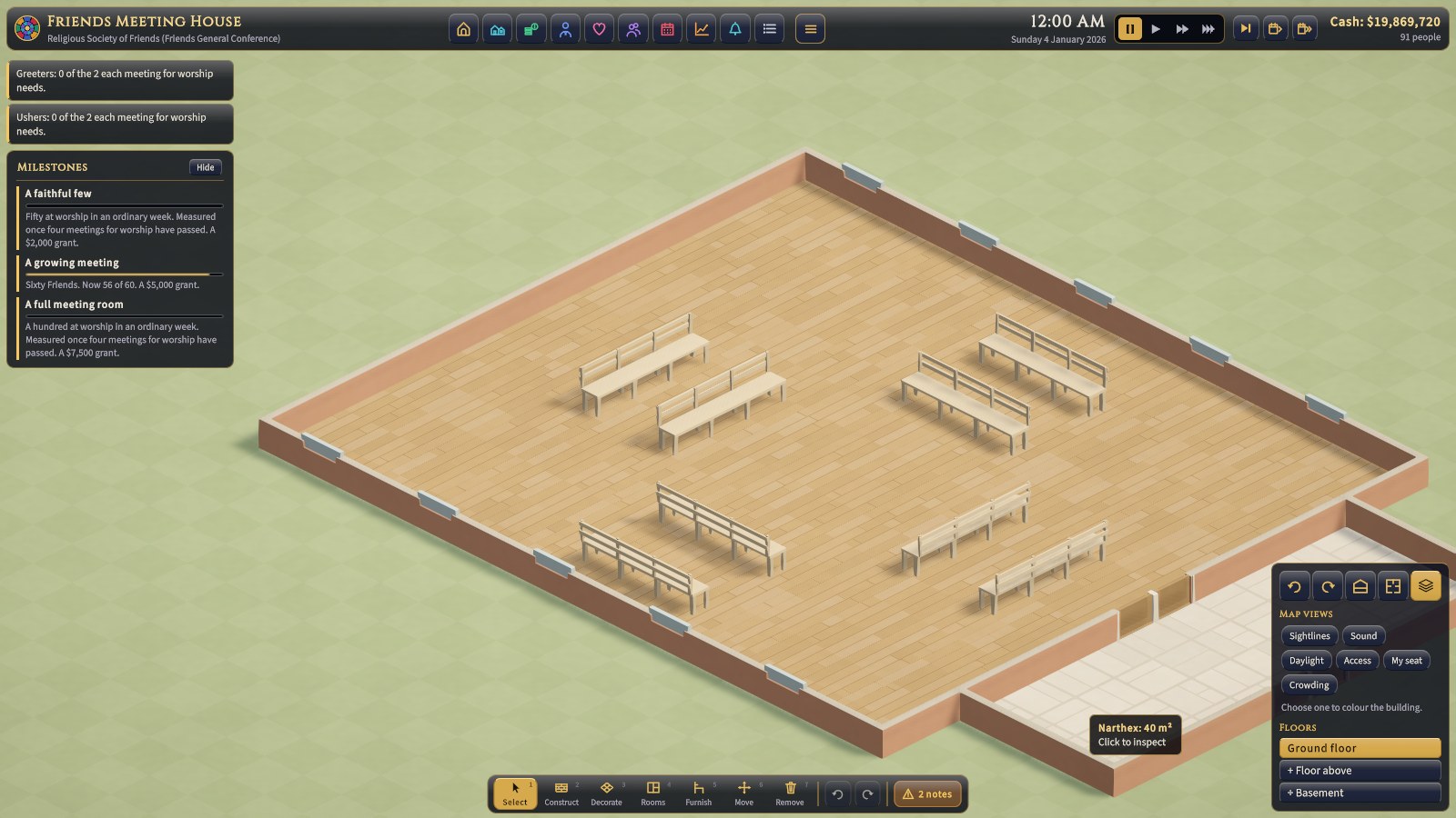 Friends Meeting House: meeting benches in a hollow square on a plain wooden floor. No pulpit, no altar, no focal point.
