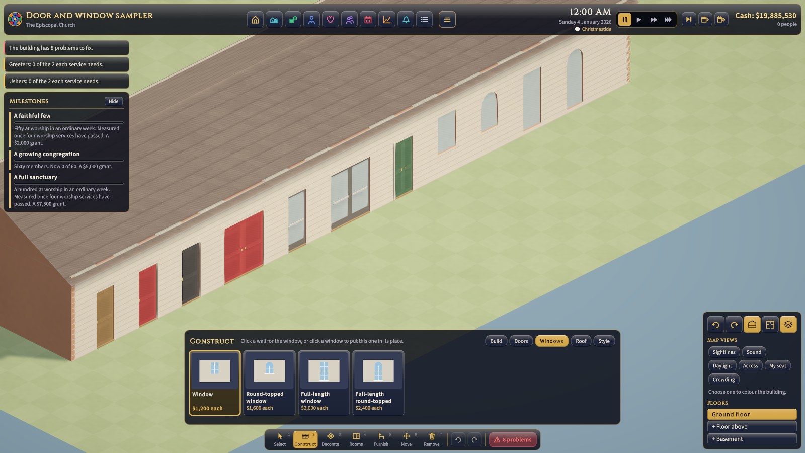 Construct → Windows: each window drawn in a patch of wall, with its price.