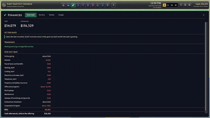 The finance screen's overview of income and expenses.