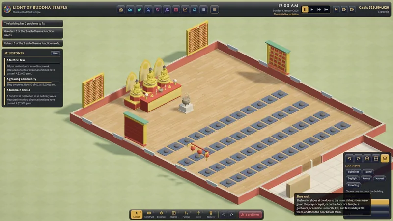 A Chinese Buddhist temple with three golden Buddhas and rows of cushions.