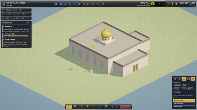 A white gurdwara with a golden dome and a saffron flag.