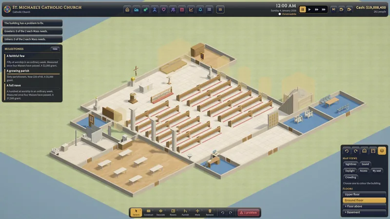 A church under construction, its new rooms marked out as a building site.